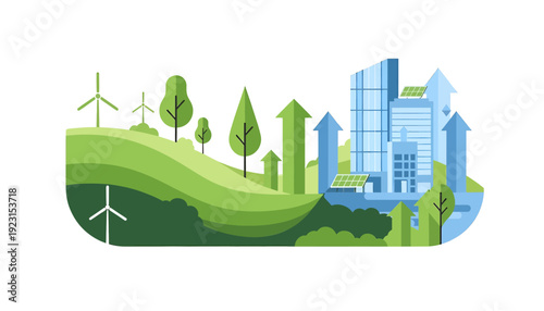 Sustainable City Development with Renewable Energy and Green Spaces.