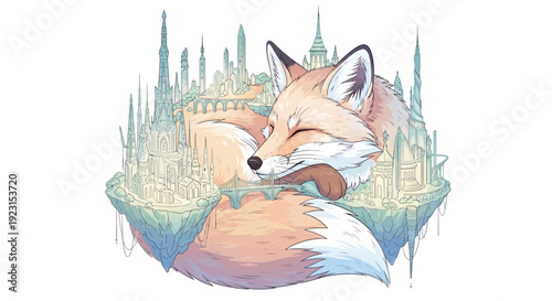 Sleeping fox in front of fantasy castle landscape