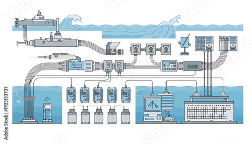 Desalination Plant Process Diagram Showing Seawater Purification Steps.