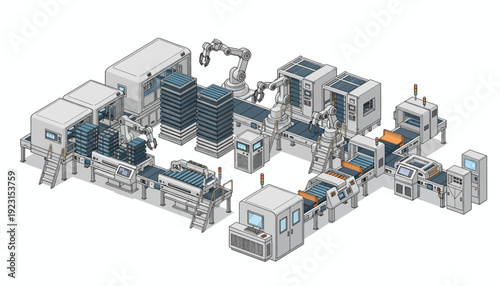 Industrial manufacturing facility with robotic arms and machinery.
