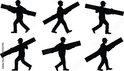 Construction Worker Silhouette Icons Set Featuring Beam Carrying, Walking Poses, and Occupational Gestures for Industrial and Labor Design