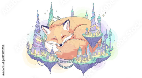 Whimsical fox sleeps peacefully amidst magical floating castles and towers