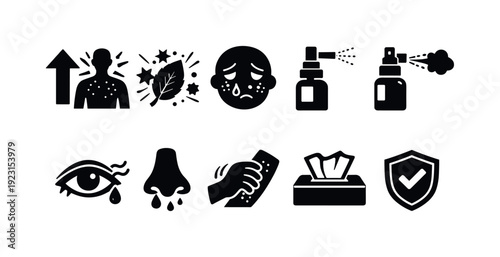 Allergy and cold solid icon set. Sneezing, medicine, protection solid icons collection