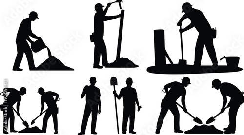 Construction Worker Silhouette Icons Set Featuring Pouring, Hammering, Shoveling, and Teamwork Tasks for Occupational and Manual Labor Design