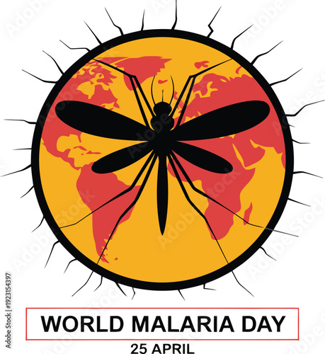 A black mosquito silhouette is centered within a yellow circular emblem over a red world map for Malaria Day