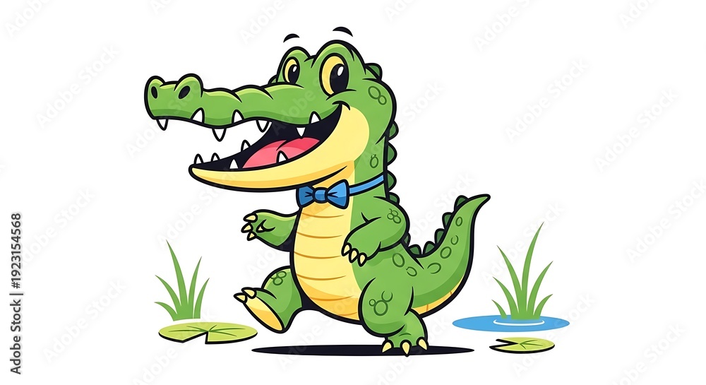 Fototapeta premium Cartoon Alligator Running with Bow Tie.