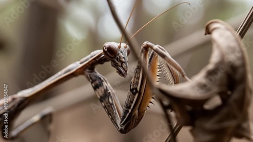 Mysterious Encounter: A close-up portrait of a praying mantis, its intricate details and unique features captured against a backdrop of natural elements. 