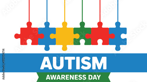 Connected multicolored puzzle pieces represent global Autism Awareness Day celebration message