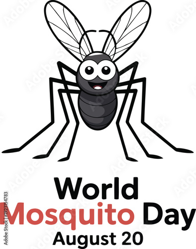 Happy cartoon mosquito character stands smiling for World Mosquito Day on August 20 event