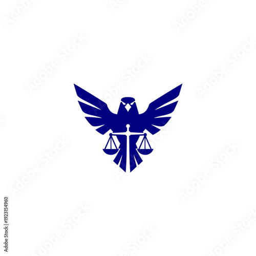Blue eagle with outstretched wings holding balanced scales of justice, minimalist vector logo isolated on white background