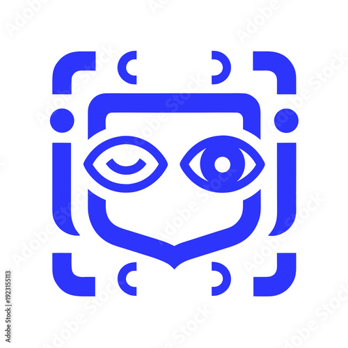 A blue icon of a face with a beard and eyes