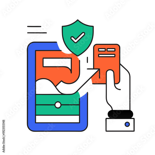 A hand holding a credit card next to a secure mobile payment