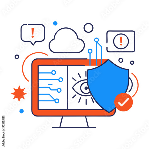 A blue shield protects a computer screen with an eye on it