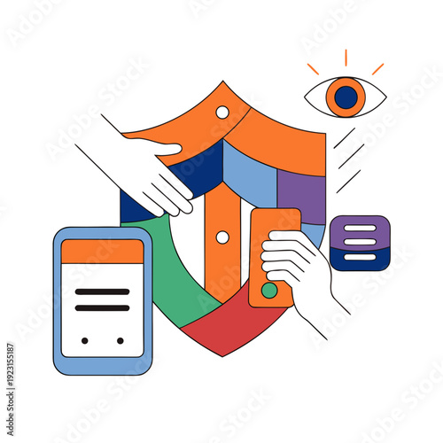 A colorful illustration of a shield with a phone and an eye