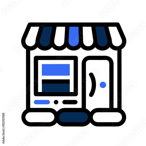 A cartoon storefront with a striped awning