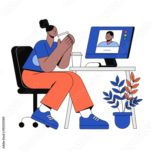 Woman video conferencing with a man on her computer