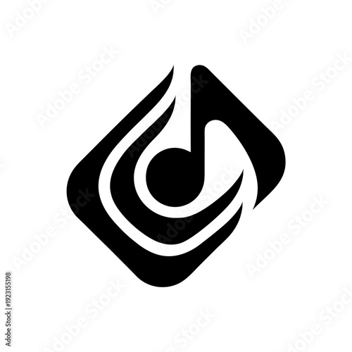 A black and white logo with a musical note