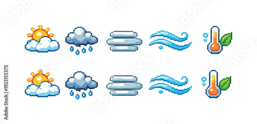 Pixel art weather icon set. Sun, rain, wind, fog pixel art icons collection