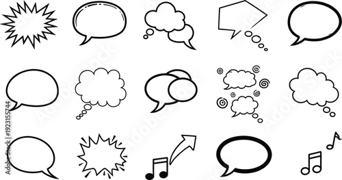Hand Drawn Black Ink Comic Speech Bubbles, Thought Clouds, Dialogue Balloons and Musical Note Vector Illustration Design Elements