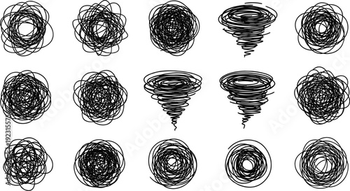 Hand Drawn Black Ink Messy Scribble Circles and Tangled Line Doodles, Sketched Abstract Round Shape Graphic Design Vector Illustration Elements