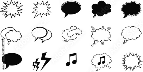 Comic Speech Bubbles, Thought Clouds, Explosion Bursts, Chat Icons, Vector Illustration, Communication Symbols