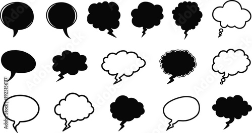 Speech bubbles, talk clouds, comic thought balloons, chat icons, black and white communication symbols, dialogue shapes
