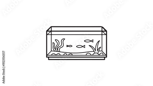 Fish Tank with Fish and Plants in Simple Line Art Style with Black Outline on White Background for Illustration