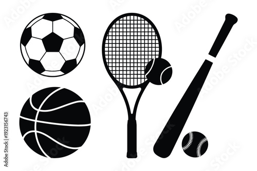 Monochrome sports equipment assortment depicting soccer, basketball, tennis, and baseball gear in black and white vector illustration isolated on white background.