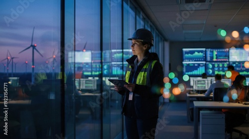 Wallpaper Mural Female engineer in control room looking at wind turbines at sunset, monitoring renewable energy Torontodigital.ca