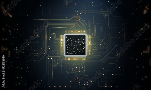 Abstract circuit background with glowing gold lines, microchip. Digital connection points illustrate AI data, electronic processor power and futuristic network technology. Vector computer tech concept