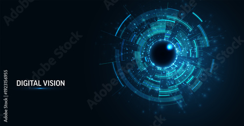 Abstract digital eye. Computer vision AI concept, big data visualization, neural network technology. Futuristic biometric background for cybersecurity, innovation. High-tech design vector illustration
