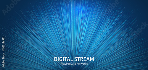 Abstract blue data flow background. Dynamic lines radiating from center, High-speed information, digital connectivity, and modern technology. Perfect for network, AI, business and science concepts.