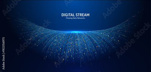 Dynamic digital data flow. Abstract blue wave of tech lines and particles. Modern futuristic network connection concept for business, AI, science, internet, and high-speed information systems