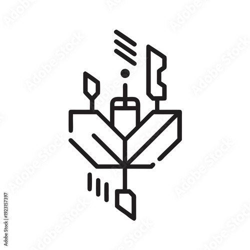 A black and white line drawing of a hand planting a seedling