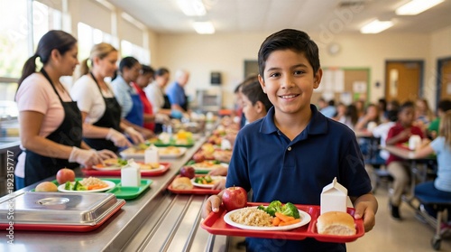 Happy elementary school boy holding a healthy lunch tray in a busy cafeteria line, smiling at camera