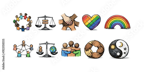 Diversity, inclusion sketch icon set. Community, equality hand-drawn icons collection