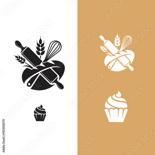 Bakery and Confectionery Logo Designs with Rolling Pin Whisk and Wheat.