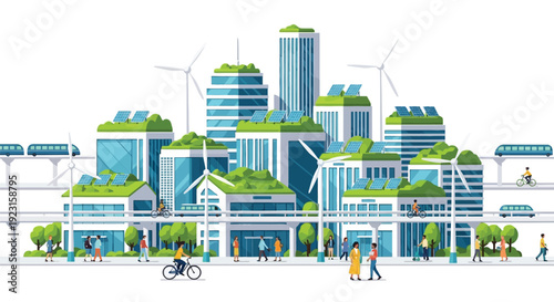 Sustainable modern city illustration with green architecture, solar panels, wind turbines, and eco-friendly transportation
