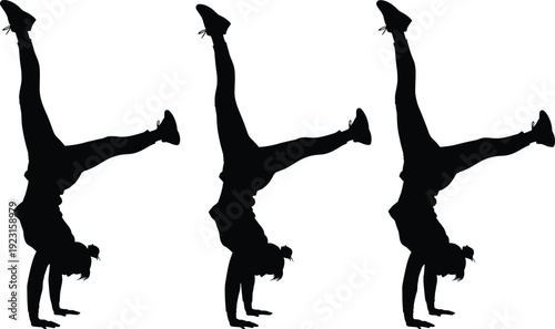 Black silhouette of athletic woman performing handstand variations, gymnastics and fitness balance poses, strength flexibility training concept, dynamic motion isolated on white background