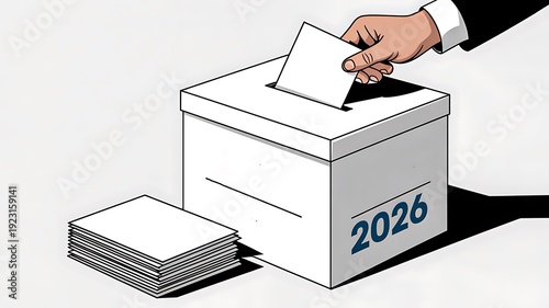 Hand placing ballot in voting box with 2026 election concept illustration