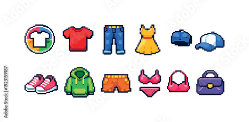 Fashion and apparel icon set. Pixel art style clothing icons collection