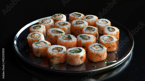 A photo of fresh sushi rolls arranged