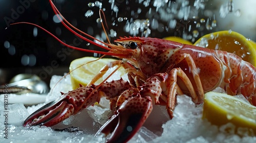 A photo of fresh seafood on ice with lemon