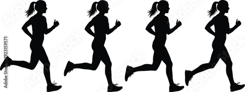 Black silhouette of four women runners jogging in motion, depicting healthy lifestyle, fitness, exercise, and active female athletes training outdoors for marathon race vector illustration