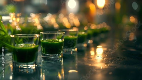 A photo of fresh wheatgrass juice in small