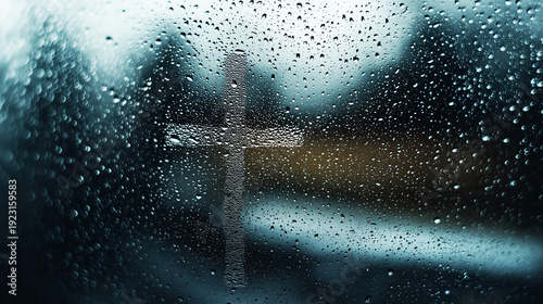 Silhouette of Christian Cross Drawn on Foggy Window with Raindrops, Faith in Sadness and Solitude Concept, Religious Hope During Stormy Weather, Spiritual Connection and Prayerful Meditation
