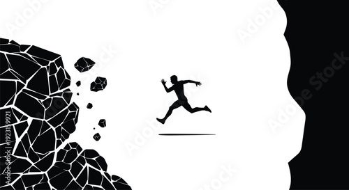 Black silhouette of man running away from falling rocks and landslide, vector illustration of escaping danger and survival concept, isolated on white background