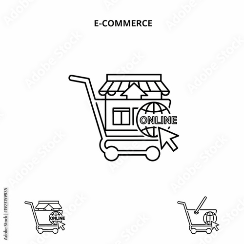 E-commerce shopping cart icon, representing online stores and digital purchases. The illustration shows a shopping cart combined with a building, and an online icon