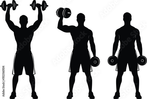 Black silhouette of muscular man performing dumbbell exercises, fitness training poses, strength workout illustration, bodybuilding and gym activity concept for healthy active lifestyle themes
