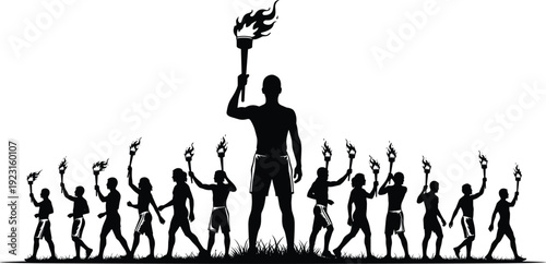 Black silhouette of people holding fire torches, led by a central figure, symbolizing unity, ancient ritual, triumph, light, hope, competition, and leadership vector illustration